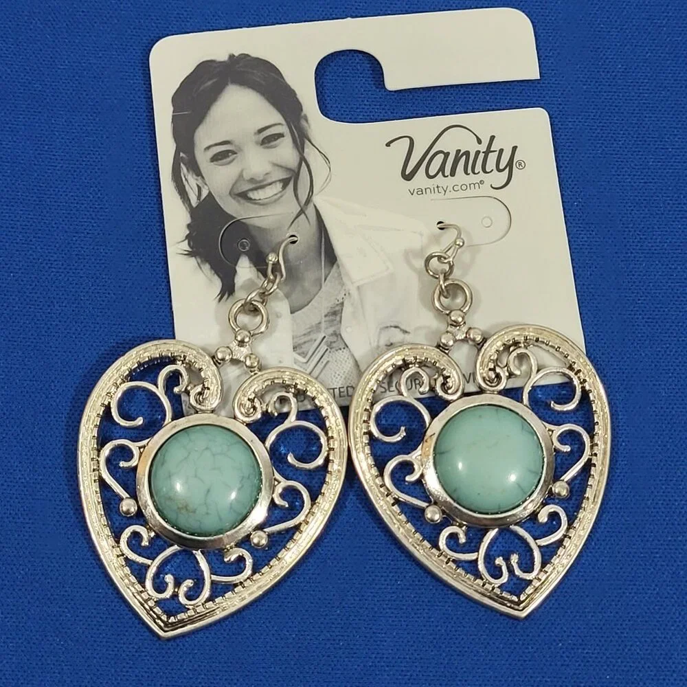 Heart-Shaped Vanity Earrings With‎ Faux Turquoise Stone & Filigree Design